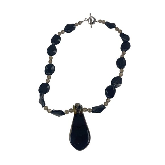 Murano Style Art Glass Pendant Necklace Black Beads Gold Foil Chunky Statement - Picture 5 of 6